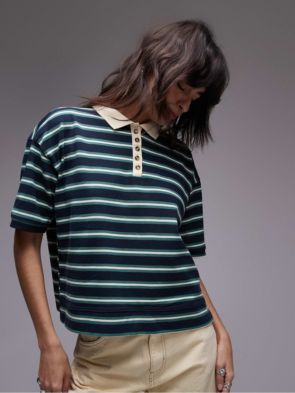 Topshop Navy & Cream Striped Polo Tee